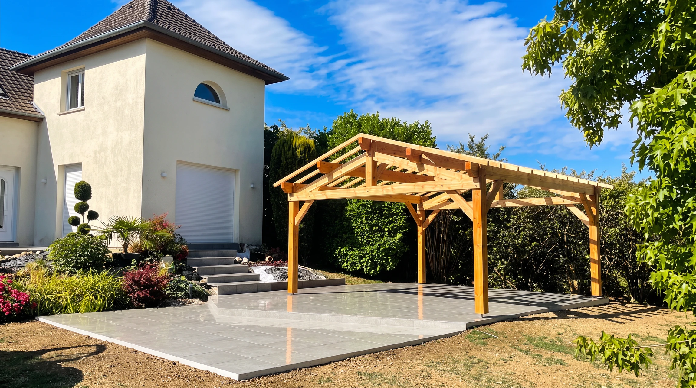 Terrasse extérieure moderne avec pergola bioclimatique à lames orientables, mobilier de jardin contemporain sur plancher bois
